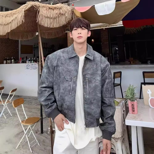 Vintage American-style distressed color jacket for men and women, spring and autumn zipper decoration PU leather coat outerwear, men's high-end top