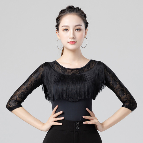 Latin dance tops for women, new bright color practice clothes, jumpsuits, autumn and winter tassels, national standard modern dance clothes, performance clothes