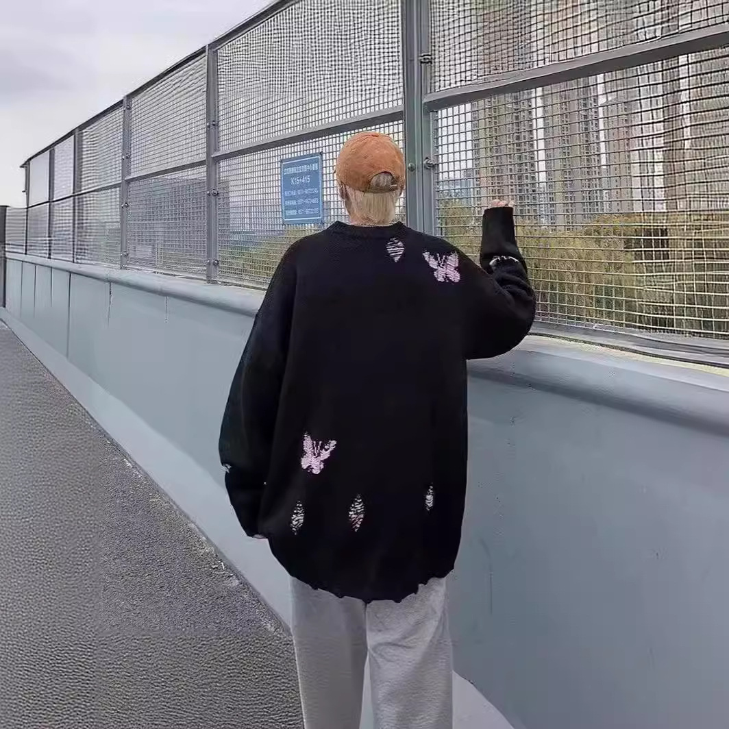 Men's Clothing fashion Y2K butterfly embroidery distressed sweater unisex loose pullover sweater_voghion.com