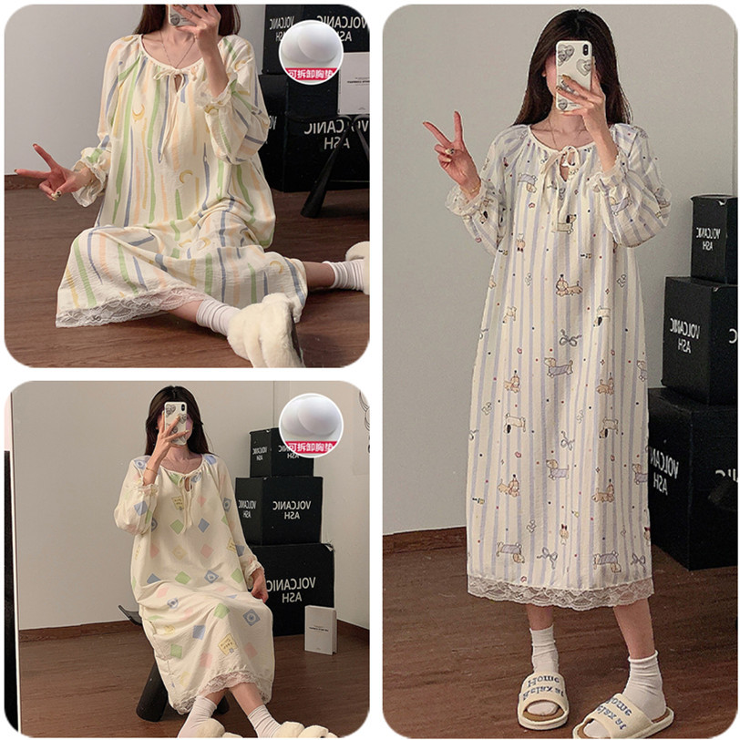Primavera y otoño nubes de algodón pijama de mujer sobre la rodilla simple rayas de arco iris con cojín de pecho desmontable pijama casero
