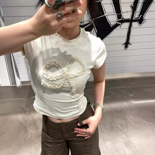 【210g 40 pieces pure cotton】pleated bow element short-sleeved round neck regular shoulder women's T-shirt for daily wear