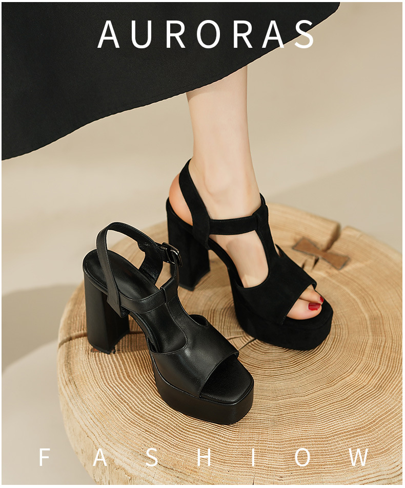 Sandal cao gót nữ quai chữ T đế dày gót vuông mũi cá da bò — Màu Đen [da cừu] chi tiết 1