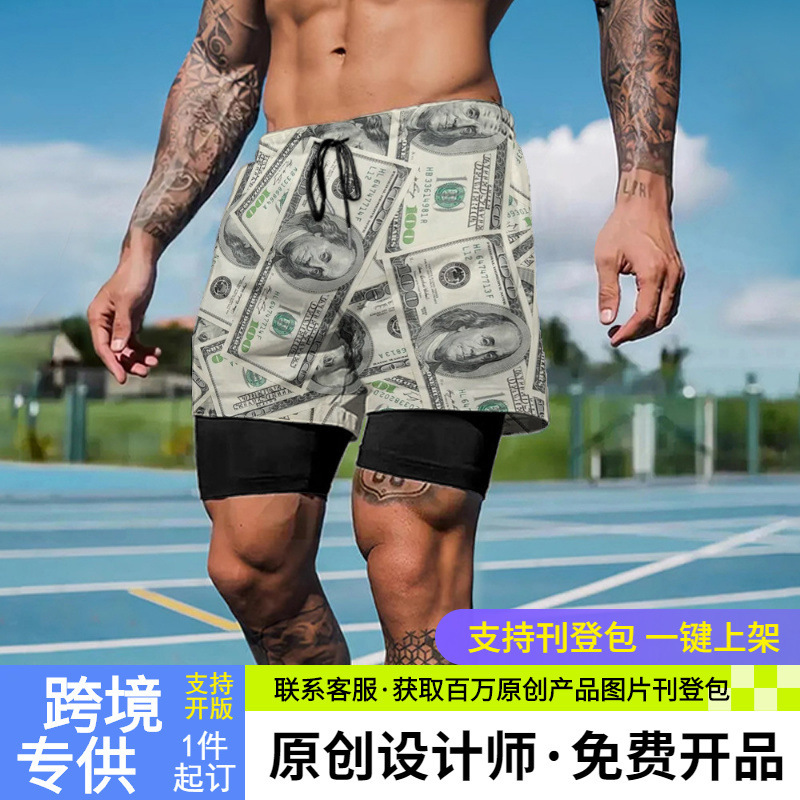 American Banknote Sports Shorts Men's Casual Fitness Quick-Drying Running Double-Layer Fake Two-Piece Basketball Pants with Lining
