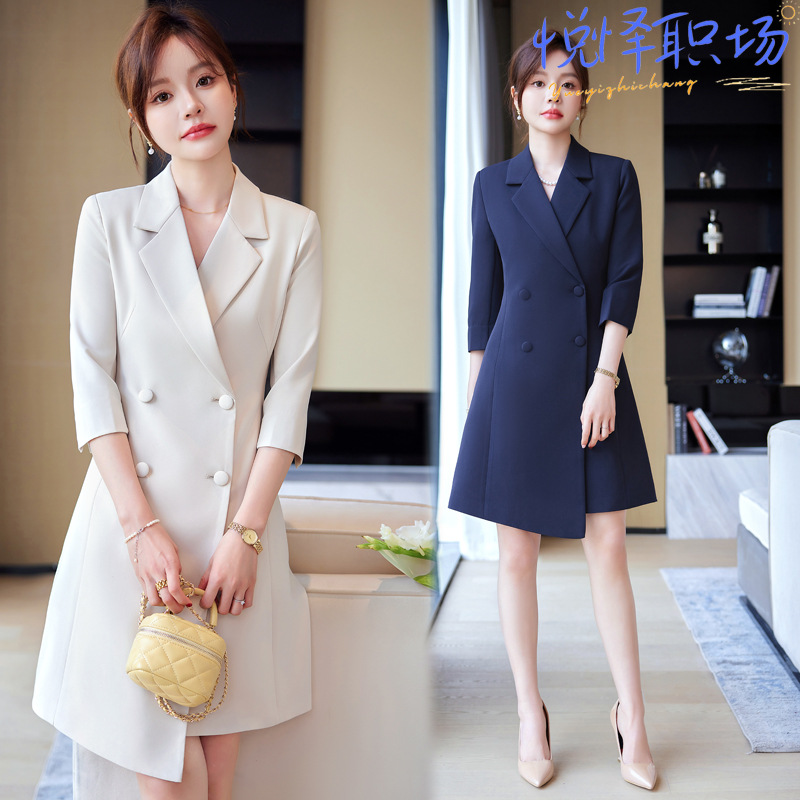 中袖修身杏色西装连衣裙中长款ol职业装女神范高级感商务正装裙子