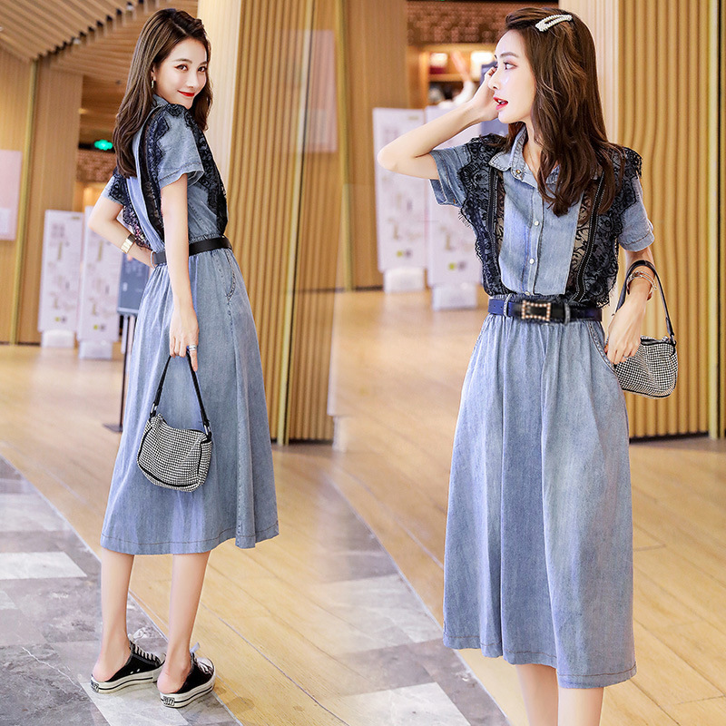 Papaya Milk Summer New Arrival Korean Style Elegant Fashionable Short Sleeve Mid-Length Lace Stitching Denim Dress Trendy Women Papaya Milk Summer New Arrival Korean Style Elegant Fashionable Short Sleeve Mid-Length Lace Stitching Denim Dress Trendy Women