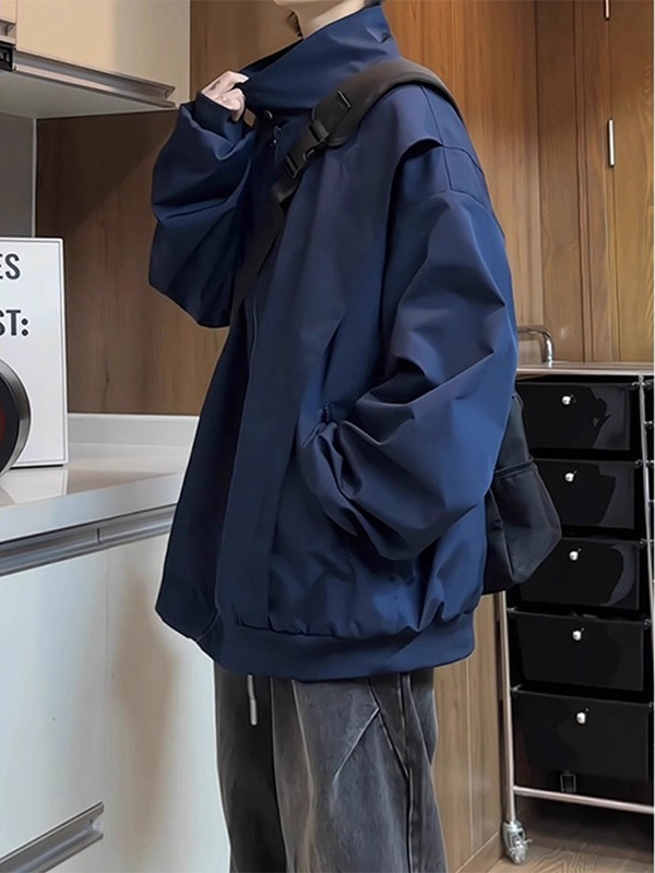 Spring and Autumn Design Navy Blue Jacket for Men, American-Style Pilot Trench Jacket with Stand Collar, Three-Proof Windbreaker