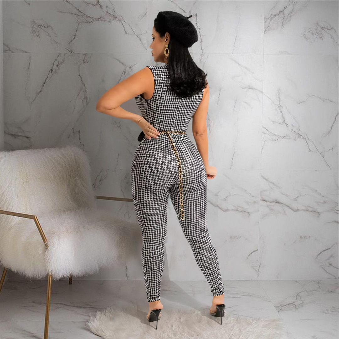 houndstooth printing lapel V-neck button sleeveless jumpsuit NSASL128344