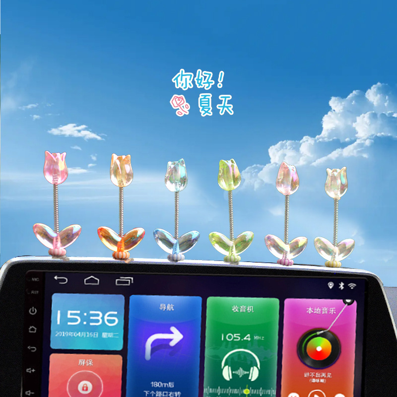 Tendencias nuevos productos adornos para automóviles tulipanes transparentes sacudiendo la cabeza flores adornos pequeños decoración de automóviles Douyin Internet rojo