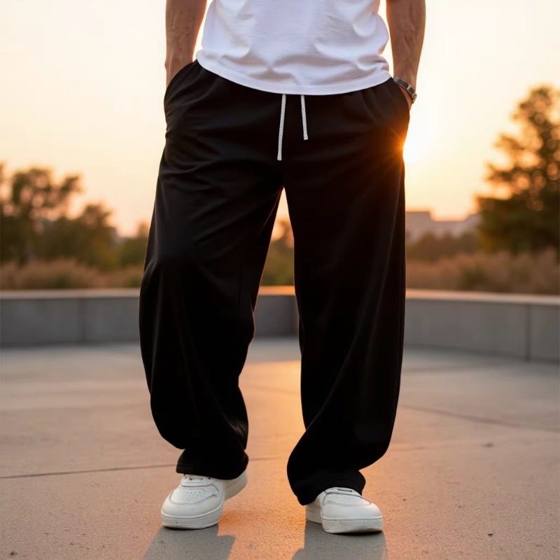Factory direct sales of men's solid color wide-leg sweatpants, loose straight-leg sports pants, high-street style, versatile and trendy long pants, cross-border e-commerce.