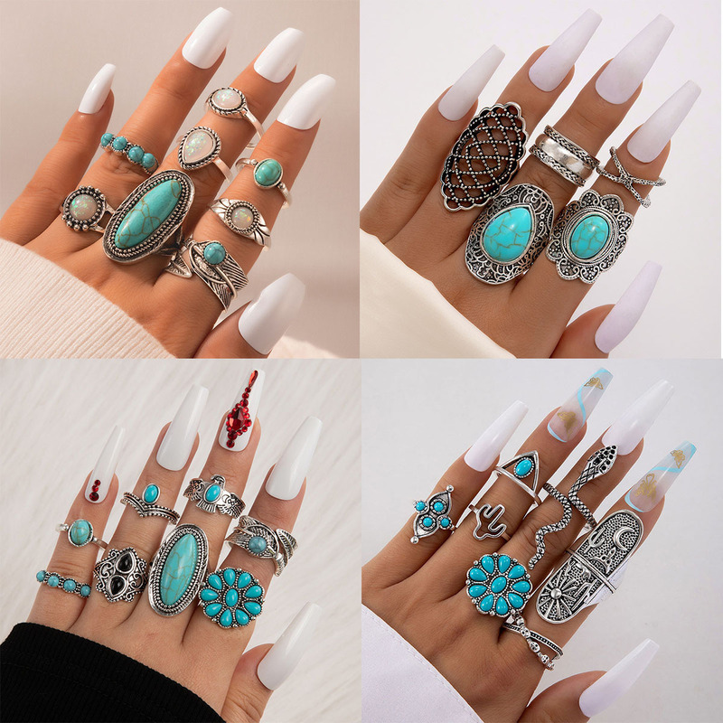 Cross-Border European and American Ethnic Style Carved Feather Turquoise Ring, Retro Personalized Ring Set, Combination Ring Set