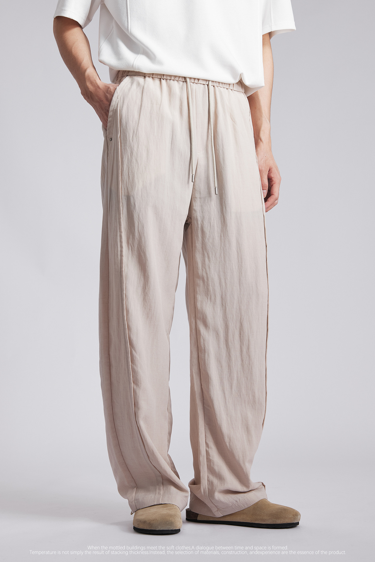 Quần dài nam ống rộng chất liệu linen phong cách mùa hè — đen chi tiết 2