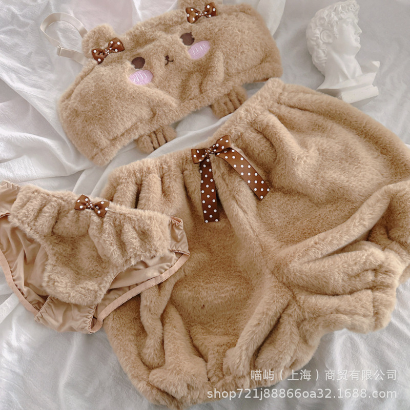 Plush Bear Warm Bra Set Japanese Style Girl Soft Girl Sweet Cute Cartoon Pumpkin Pants No Rim Underwear