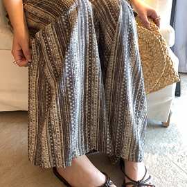 大码老钱风条纹棉麻阔腿裤女夏薄款胖显瘦独特漂亮亚麻休闲裤子