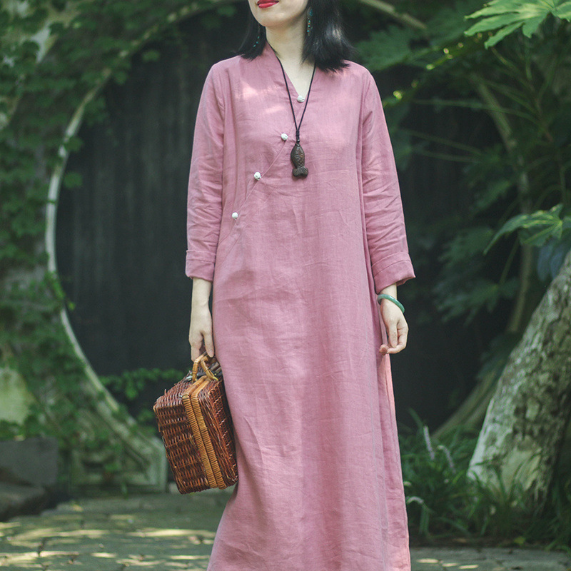 Big Sale Discount Single Cotton and Linen Meditation Robe Women's Buttoned Chinese Style Loose Linen Long Dress Women's Cheongsam Skirt