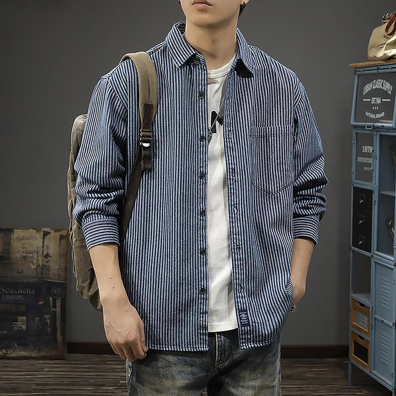 Autumn New Trendy Striped Denim Shirt for Men, Loose Fit, Large Size, Casual Long-Sleeve Shirt-Style Jacket