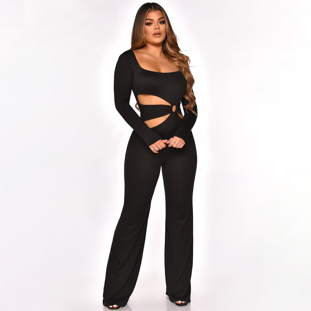 solid color square neck exposed waist hollow jumpsuit NSMYF84713