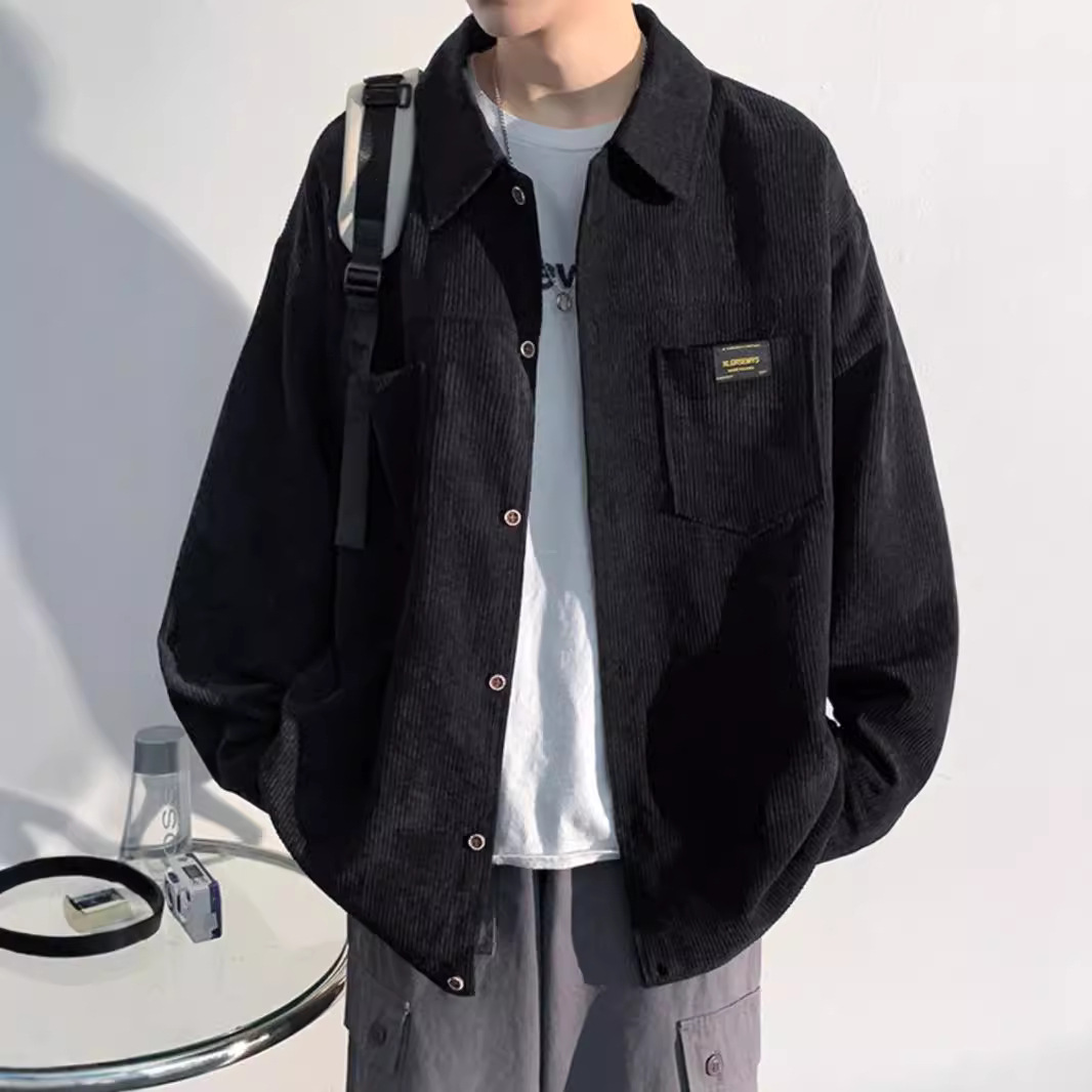 Camisa de manga larga de pana para hombres, primavera y otoño, marca de moda para hombres, ropa de trabajo retro japonesa suelta, chaqueta de camisa pesada