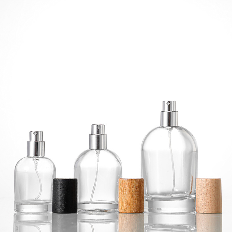 Botella de Perfume Cilíndrica de Vidrio Vacía con Pulverizador de Rocío Fino, Botella de Vidrio Recargable con Tapa de Madera de Haya, Exportación del Sudeste Asiático, Rocío Fino