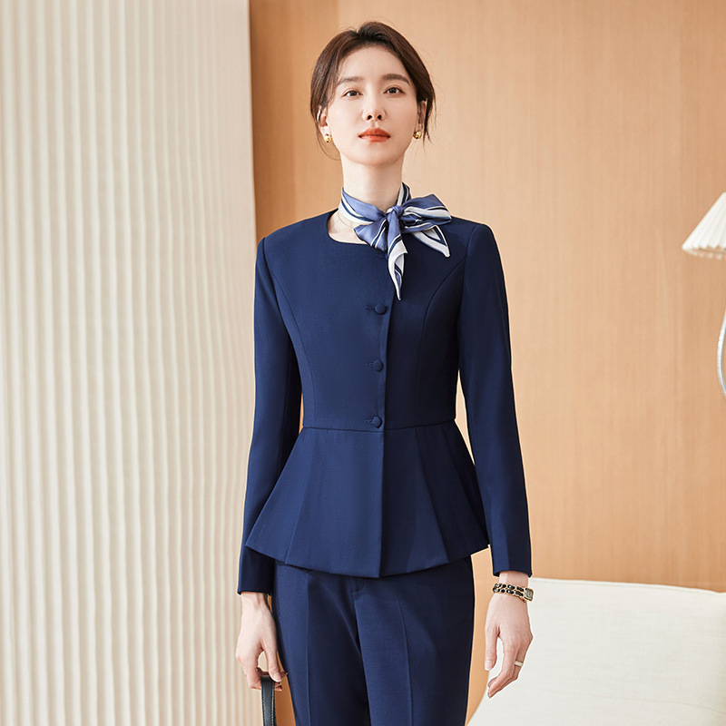 Dark Blue Professional Suit Set for Women, New Autumn Model, Suitable for Hotel Receptionists, Beauty Salon Technicians, and Work Attire