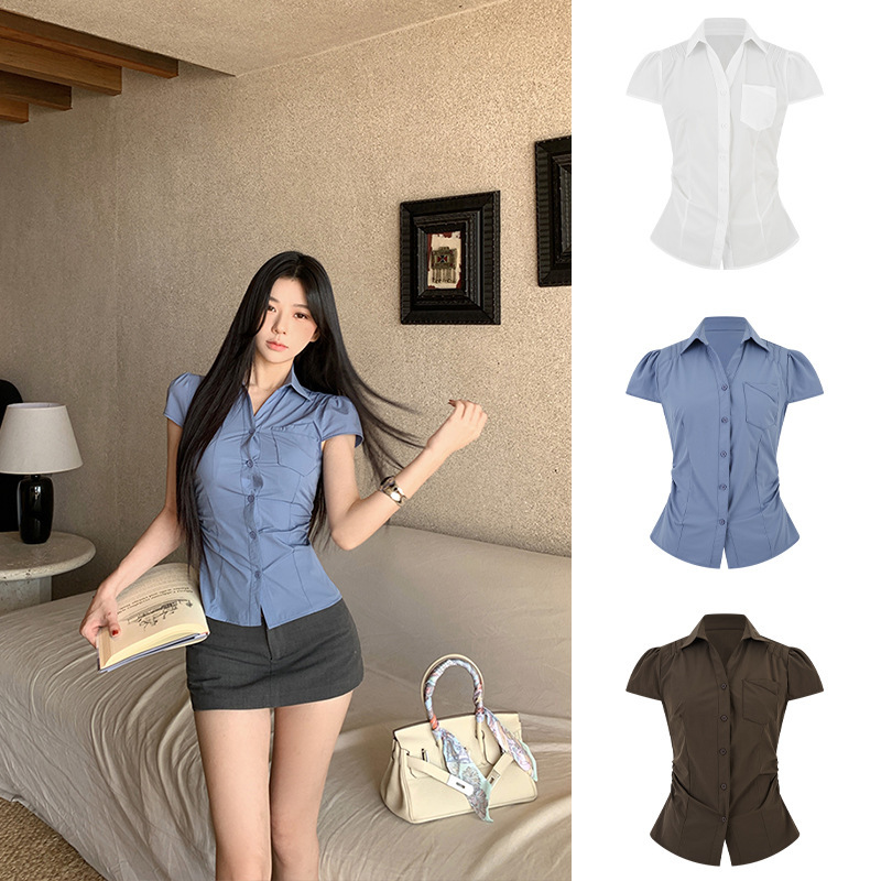 American College Style Lapel Short-Sleeve Shirt for Women, Summer 2026 New Style, Slim Fit, Cinched Waist, Short Top American College Style Lapel Short-Sleeve Shirt for Women, Summer 2026 New Style, Slim Fit, Cinched Waist, Short Top