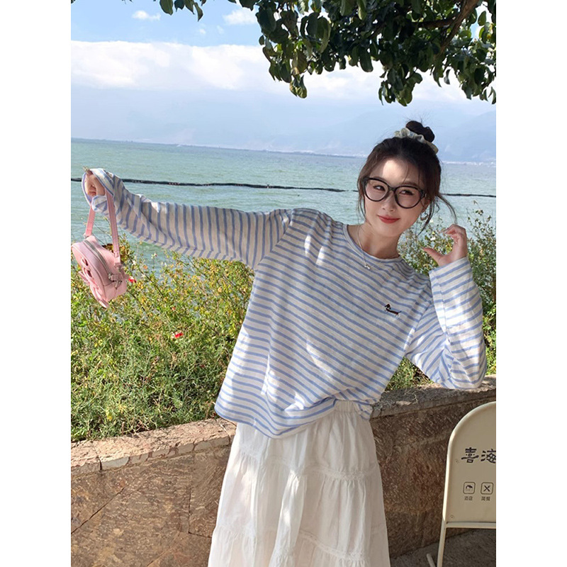 Long-Sleeved Sun Protection Blouse for Women in Summer, Transparent Cotton Stripesd T-Shirt, Loose Lazy Style Blue Design Top