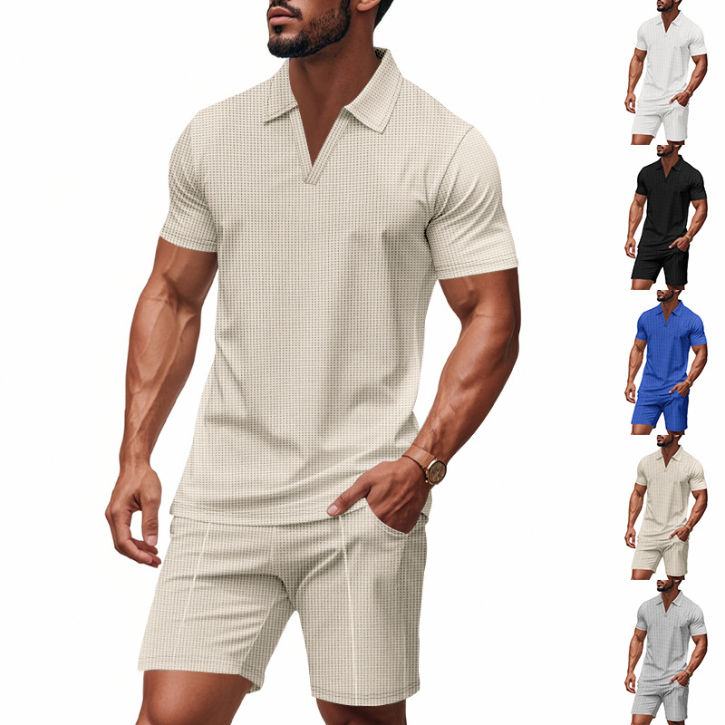 2025 Amazon Cross-border para hombre verano nuevo oversize pesado waffle solapa Polo traje de manga corta