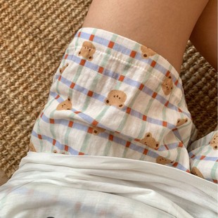 Pure Cotton! Plaid Bear Class a Cotton Double-Layer Gauze Shorts Cute Women's Home Loose Printed Pajamas