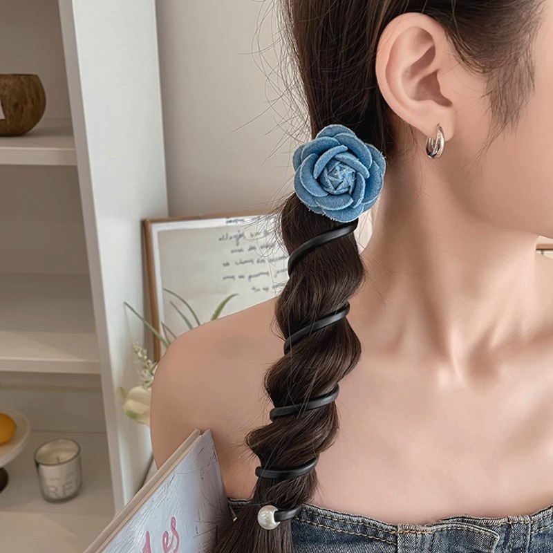 Temperamento de verano vaquero azul flor línea telefónica bucle de cabello de alta calidad 2025 nuevo cabello de burbuja trenza atado artefacto de cabello