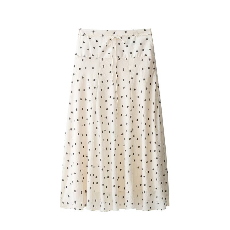 Resort-Style Lace-Up Long Skirt with Polka Dots, High Waist, Large Hem, Drapey, Slimming, Age-Reducing, Niche, Mature Style, Elegant Half-Skirt Resort-Style Lace-Up Long Skirt with Polka Dots, High Waist, Large Hem, Drapey, Slimming, Age-Reducing, Niche, Mature Style, Elegant Half-Skirt