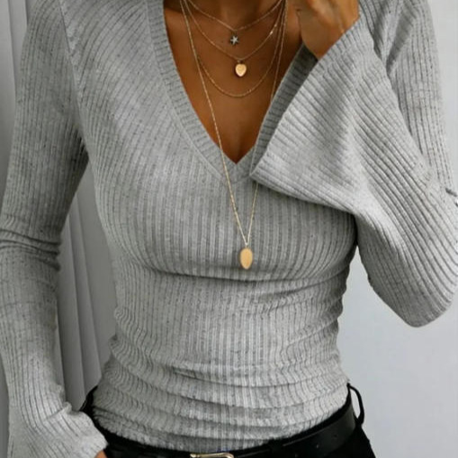 2026 Amazon European and American Cross-Border Spring New Women's Solid Color Wide-Sleeve V-Neck Long-Sleeve Striped Knit Shirt