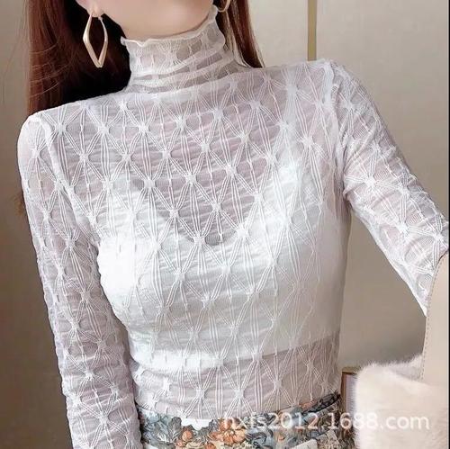 2107 long-sleeved fungus-edged high-neck long-sleeved chiffon lace top women's early autumn shirt new pleated bottoming shirt