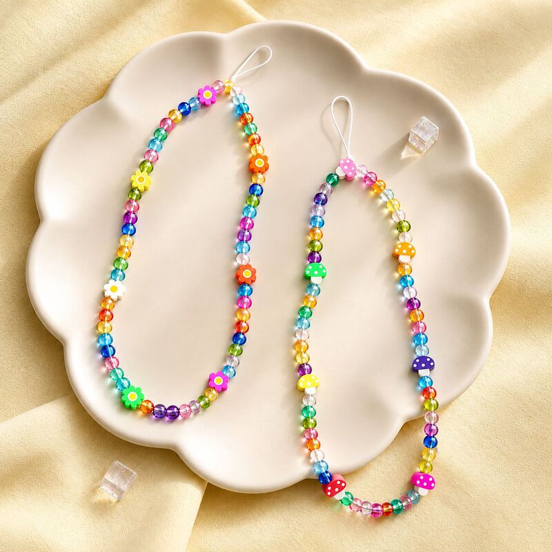 Cross-border new colorful beaded phone chain for women, featuring small flower and mushroom designs, a cute and sweet wrist strap, and a lovely bag charm Cross-border new colorful beaded phone chain for women, featuring small flower and mushroom designs, a cute and sweet wrist strap, and a lovely bag charm
