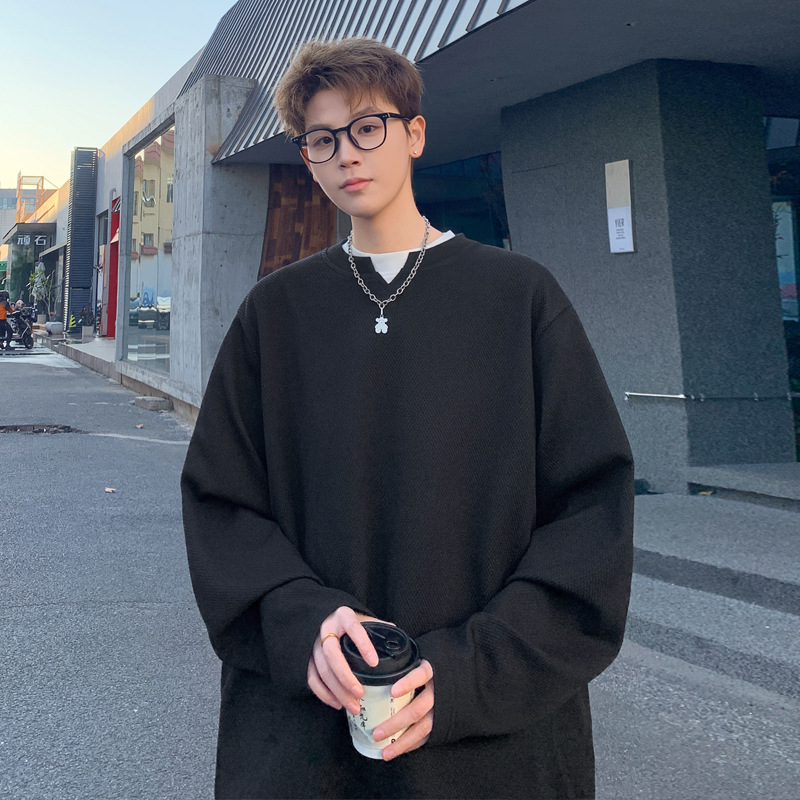 Japanese-style Solid Color V-neck Long-sleeve T-shirt Men, Spring And Autumn, Loose Casual Underwear, Base Shirt For_voghion.com