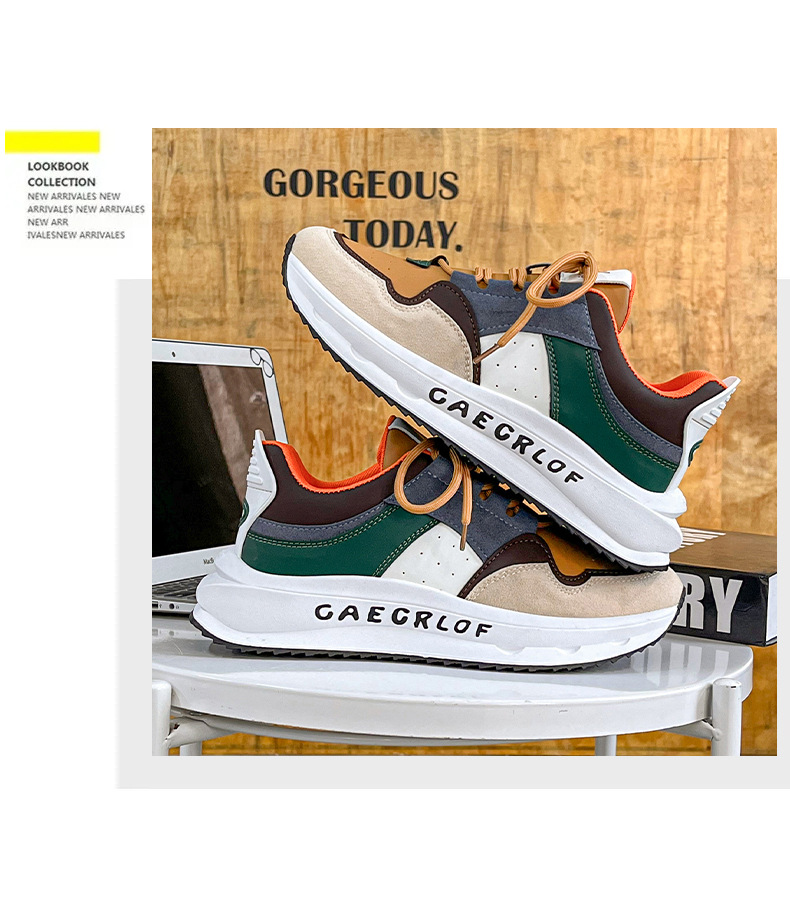  新益美 运动鞋男新款时尚运动风休闲鞋皮面撞色旅游鞋厚底