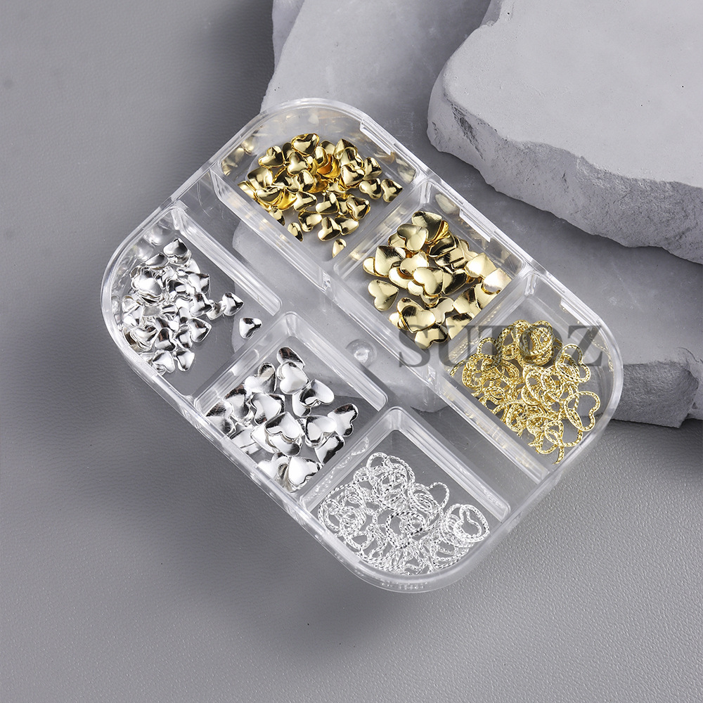6-Compartment Gold and Silver Two-Tone Heart Nail Art Decoration Set, Hollow Twist Solid Heart Sequins, Exquisite Versatile Decoration