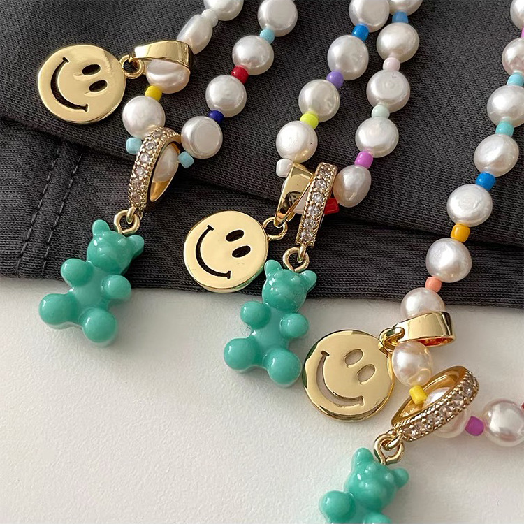 Fashion Bear Smiley Face Pearl Inlay Artificial Diamond Pendant Necklace 1 Piece