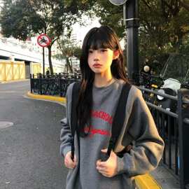 美式复古灰色刺绣字母重磅卫衣女秋冬季加绒加厚无帽圆领长袖上衣