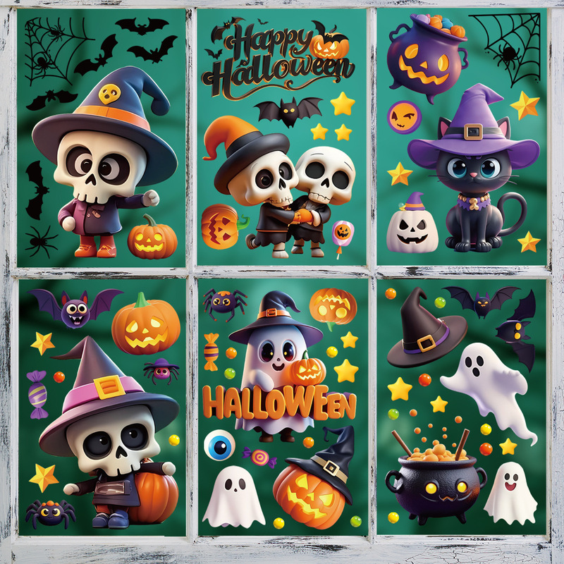 Halloween Electrostatic Window Stickers Wholesale Cartoon Skull Cat Spider Web Decorative Stickers Wall Glass Electrostatic Stickers