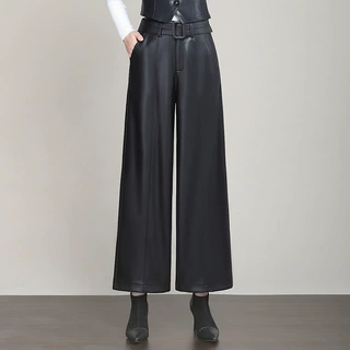 黑色好品质皮裤女秋季2025新款高腰垂感显瘦直筒阔腿长裤休闲