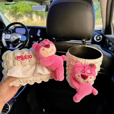 Car Tissue Box Cute Strawberry Car tissue box/set - pink-strawberry-bear-2-piece-set-trash-can-puff-tissue-box