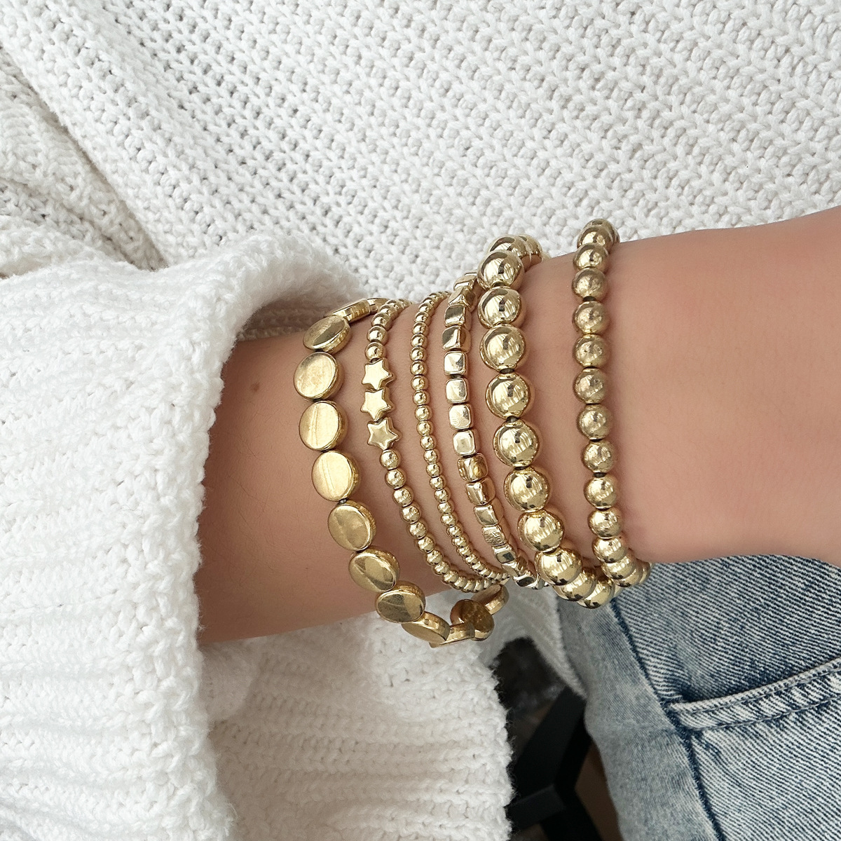 수제 비즈 체인 도매 유럽 및 미국 해외 직구 액세서리 메탈 스타일 개성있는 기하학적 다용도 합금 겹쳐 착용 가능한 여성용 팔찌