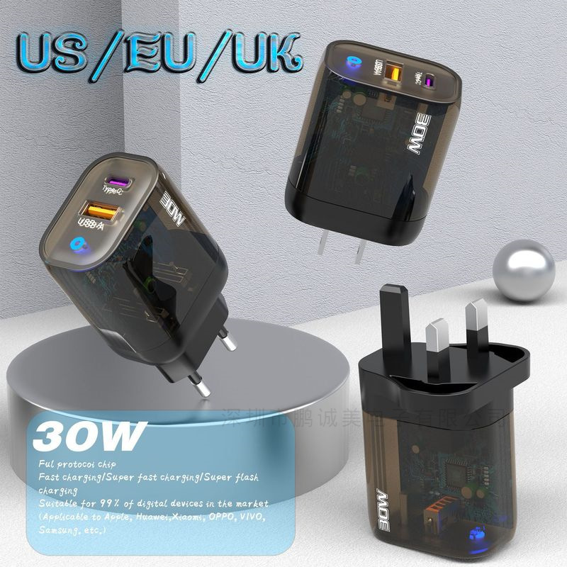 Transparent shell 30W mobile phone TYPE-C USB charger European and American British full protocol PD super fast charging head