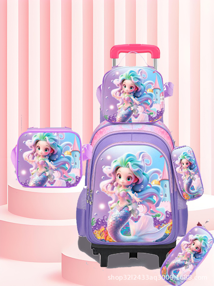 Suministro directo de fábrica, mochila escolar con barra de ruedas para niños, juego de tres piezas, protección de la columna para estudiantes de primaria, reducción de carga, mochila universal de dos ruedas y seis ruedas