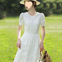 红念白色棉圆领法式连衣裙女夏季2025年新款女装收腰气质长裙子