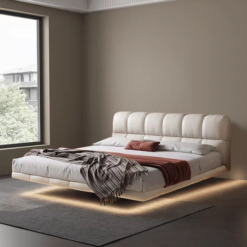 Italian Style Minimalist Puff Suspension Bed Modern Cream Style Soft Bag Suspension Bed Leather Rice White Master Bedroom Double Bed Suspension