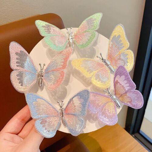 Summer children's moving big butterfly hairpin, cute and sweet embroidered hairpin headdress, little girl's antique side clip
