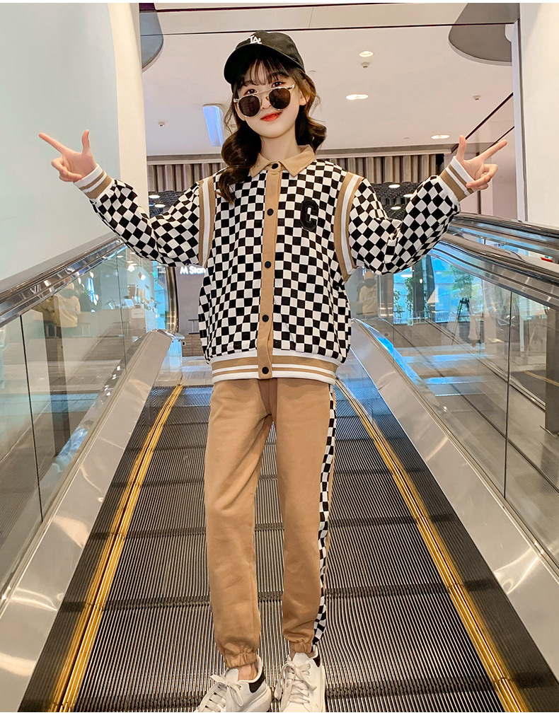 2023 New Set: Two Piece Set of Checkerboard Spring and Autumn Sports Elastic Loose Baseball Suit for Children, Girls,_voghion.com