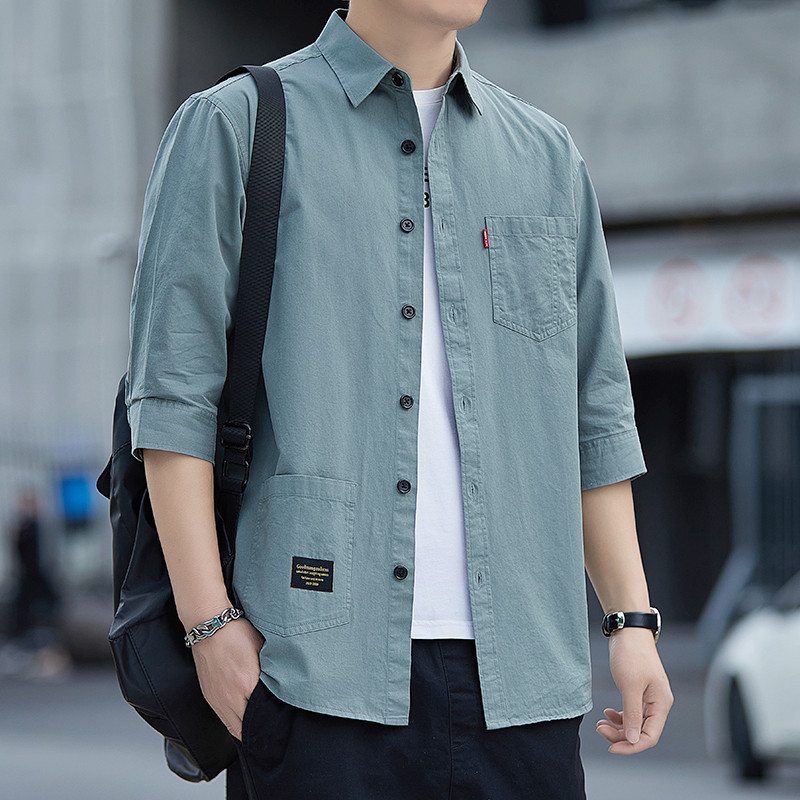 Dropshipping Pure Cotton Shirt Men's Three-Quarter Sleeve Short-Sleeved Cotton Workwear Solid Color Loose Handsome Mid-Sleeve Shirt