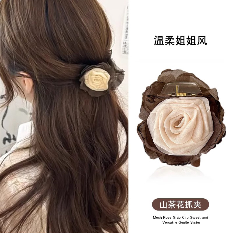 Nuevo estilo chino retro camellia flores agarrar clip de cabello medio atado clips de cabello feminino de alto nivel detrás del cerebro clips de pez tocado