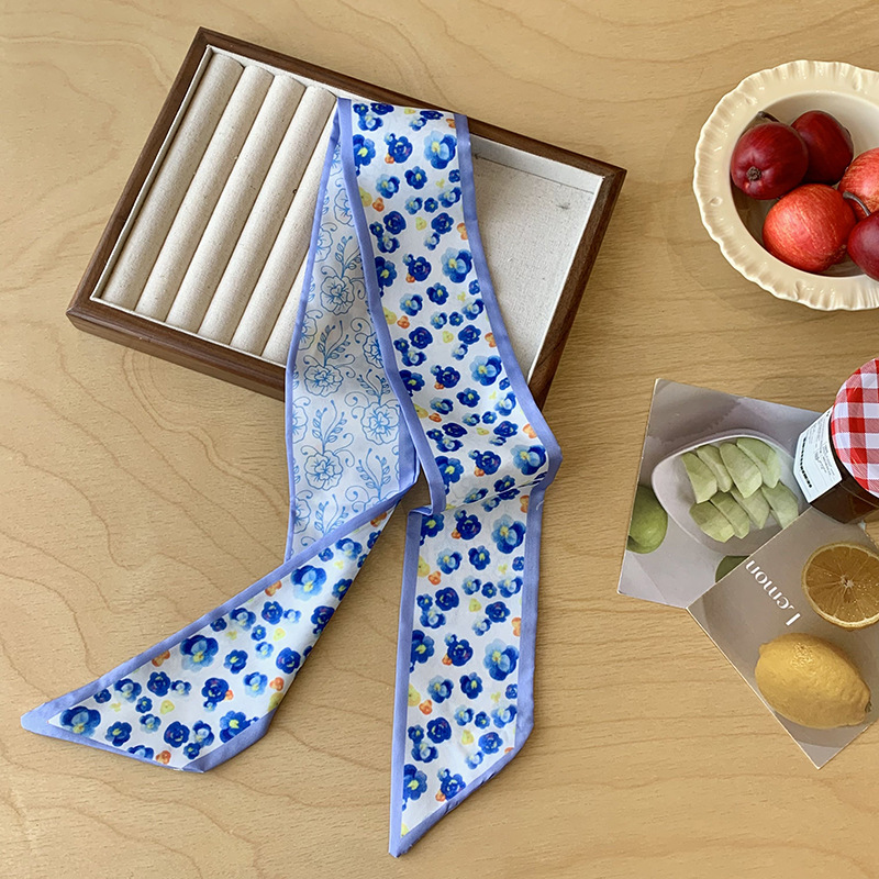 Bufandas de seda para mujeres de verano nuevo bufandas de moda flores y hierbas toallas de muñeca bolsas largas cinta cinturón atar cabello flotante